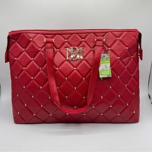 NWT Badgley Mischka Retail $199 Red Gold Quilted Tote with Chain Strap